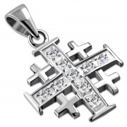 Small Clear CZ Jerusalem Cross Silver Pendant, p452